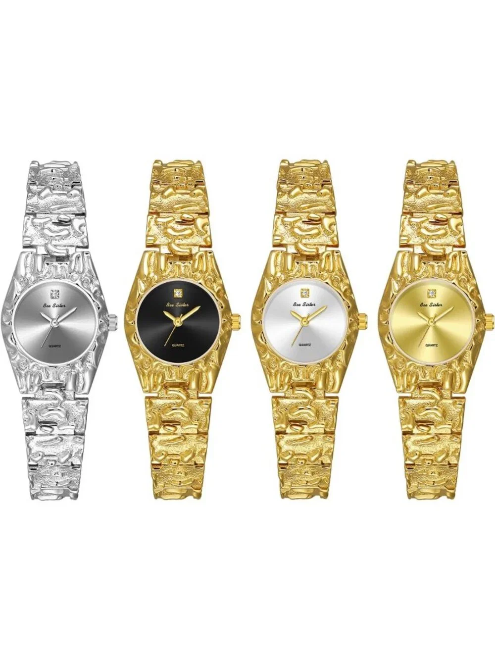 Women's Gold Luxurious Textured Jewelry Chain Minimalist Dial Quartz Wrist Watch